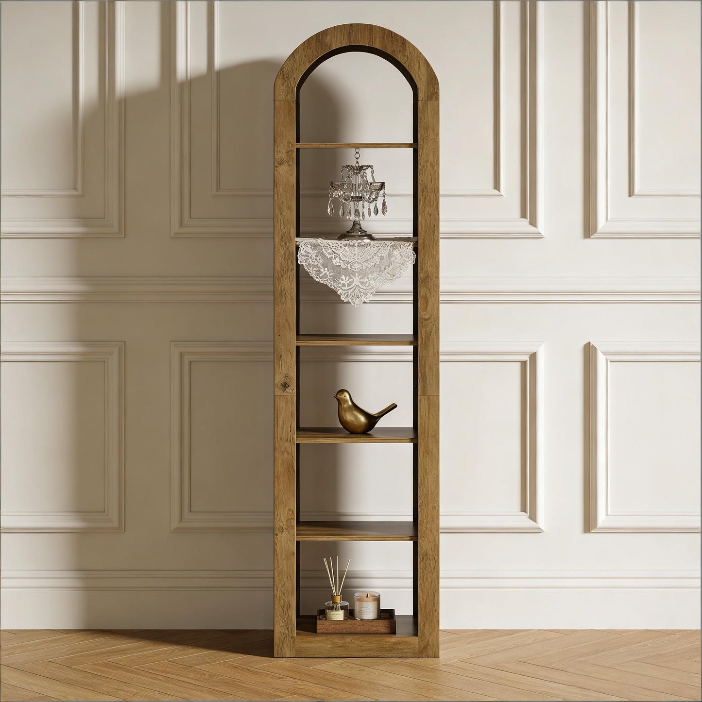 Arched Open Bookcase - 6-Tier Rustic Display Shelf, Brown