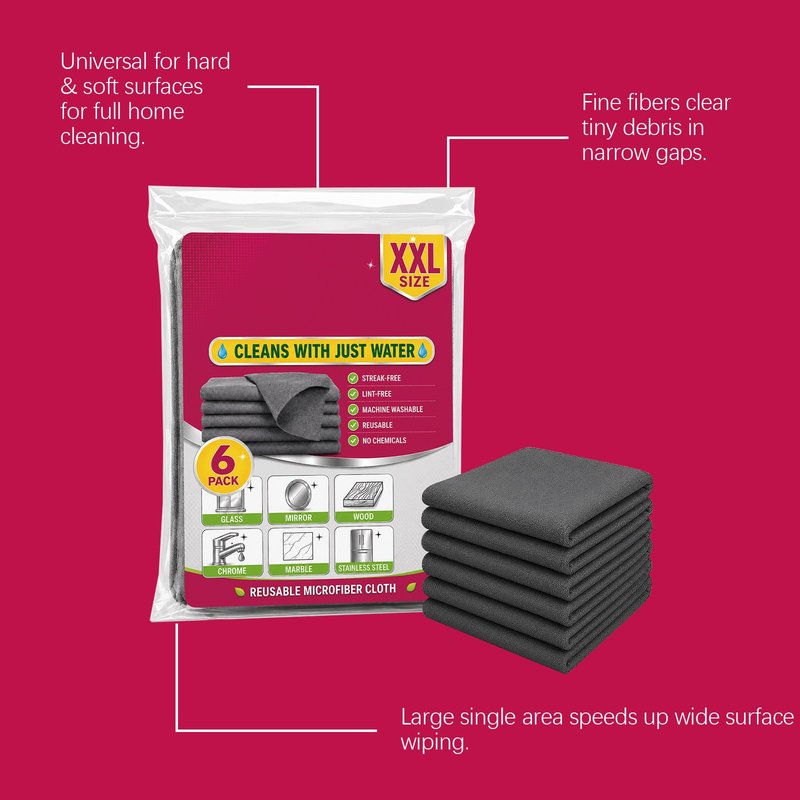 Multi-Purpose Cleaning Cloth 6-Pack for Kitchen, Glass, Car Surfaces