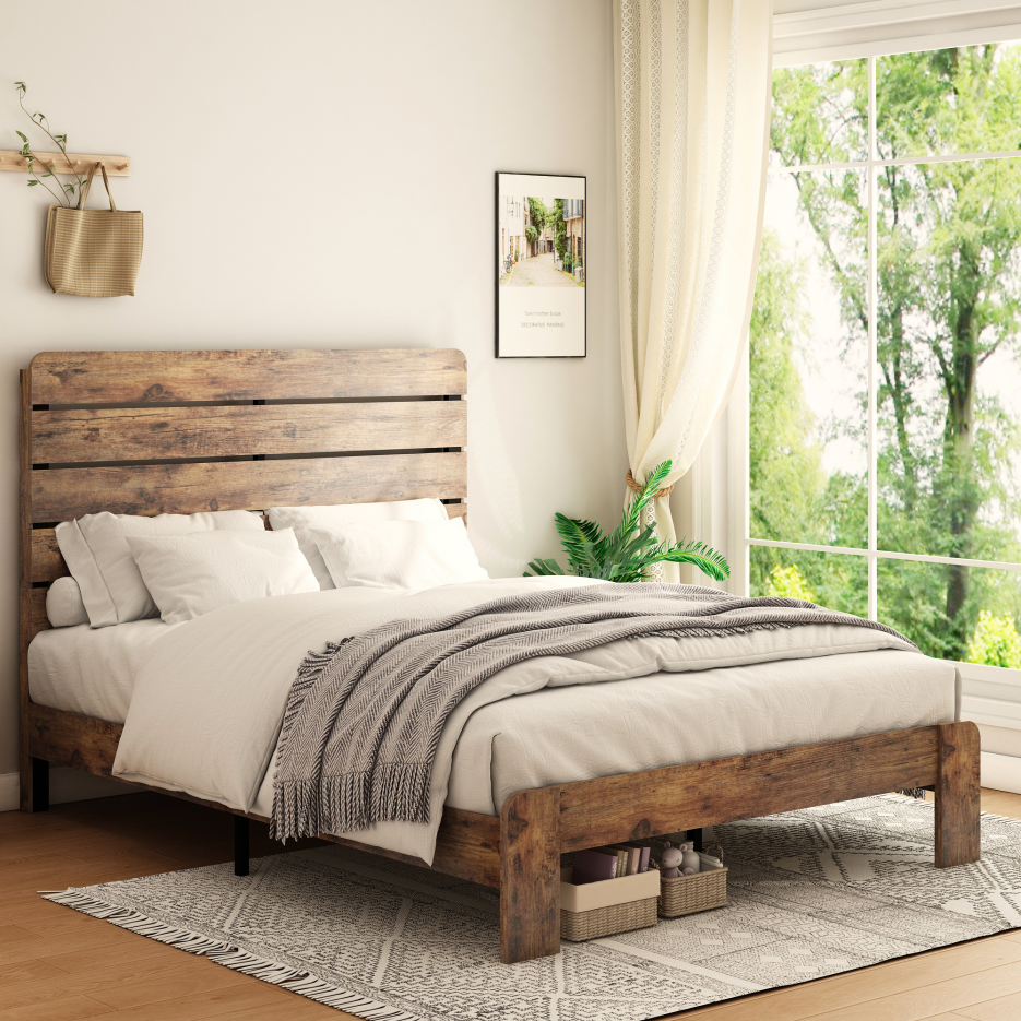 Full Wood Platform Bed Frame with Underbed Storage - Dark Brown