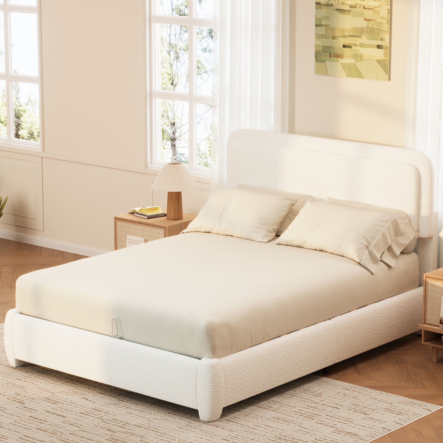 Boucle Queen Bed Frame With Adjustable Height Headboard, Modern