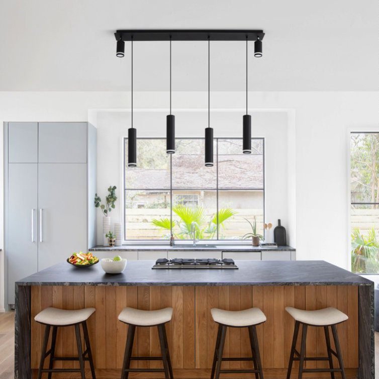 6-Light Matte Black Kitchen Island Pendant Light Fixture, Adjustable Cylinder Design