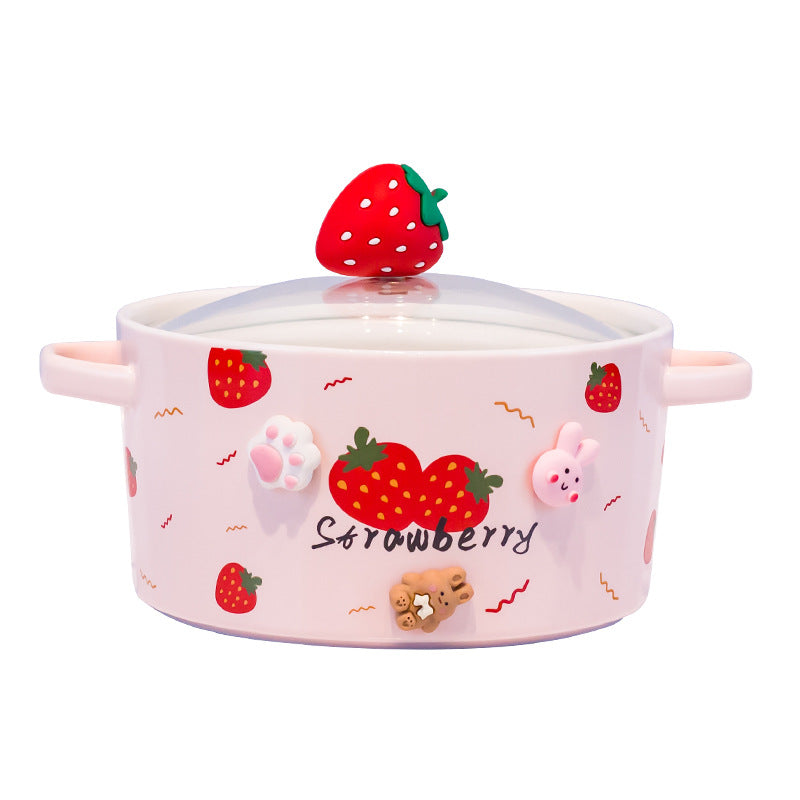 Ceramic Noodle Bowl with Lid and Ears - Strawberry Design, Easy to Clean