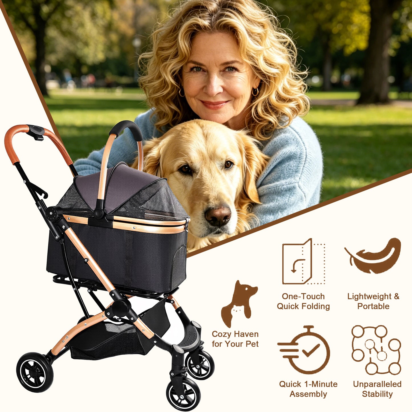 Pet Stroller for Dogs and Cats - Foldable 2-in-1 Detachable Design with Sun Canopy