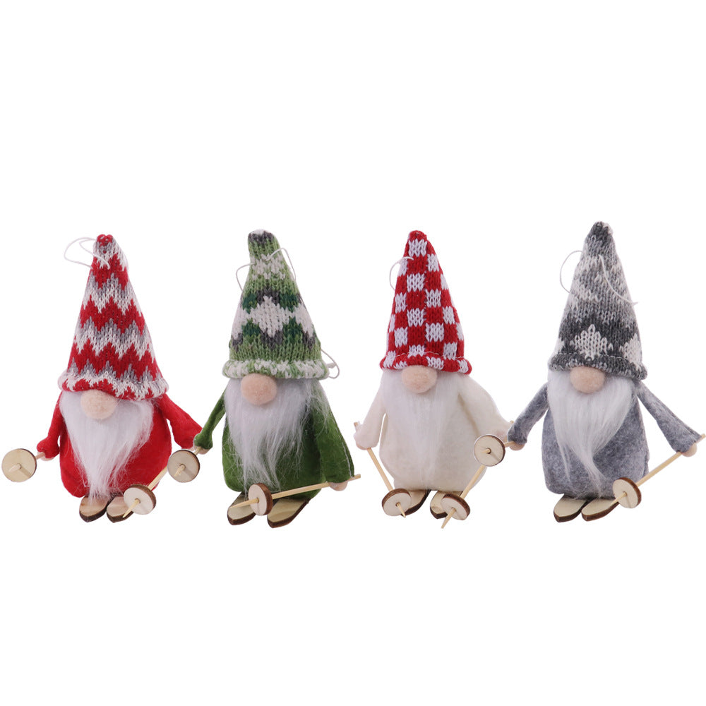 Christmas Doll Pendant Set - Knitted Ski Faceless Wooden Doll Decorations