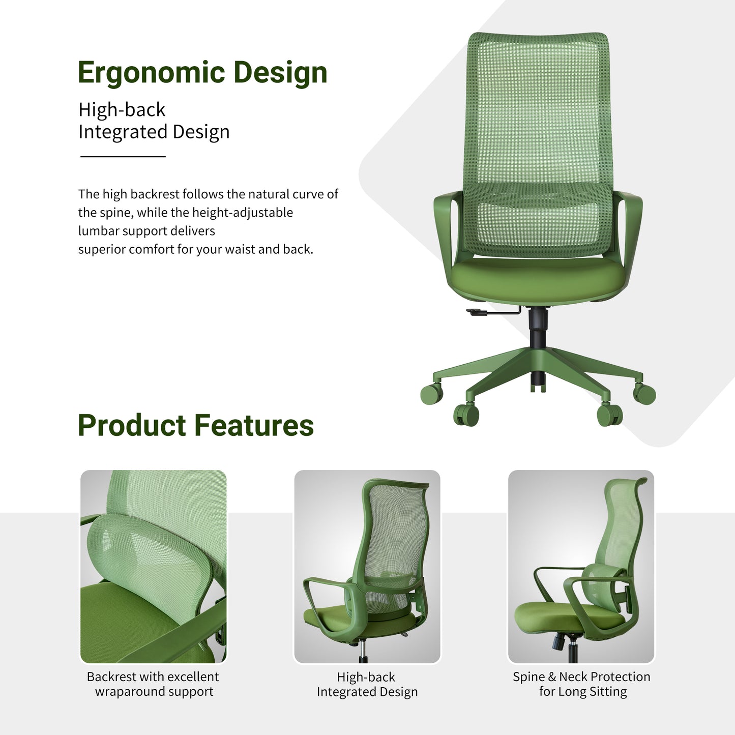 Ergonomic Green Office Chair with Adjustable Lumbar Support