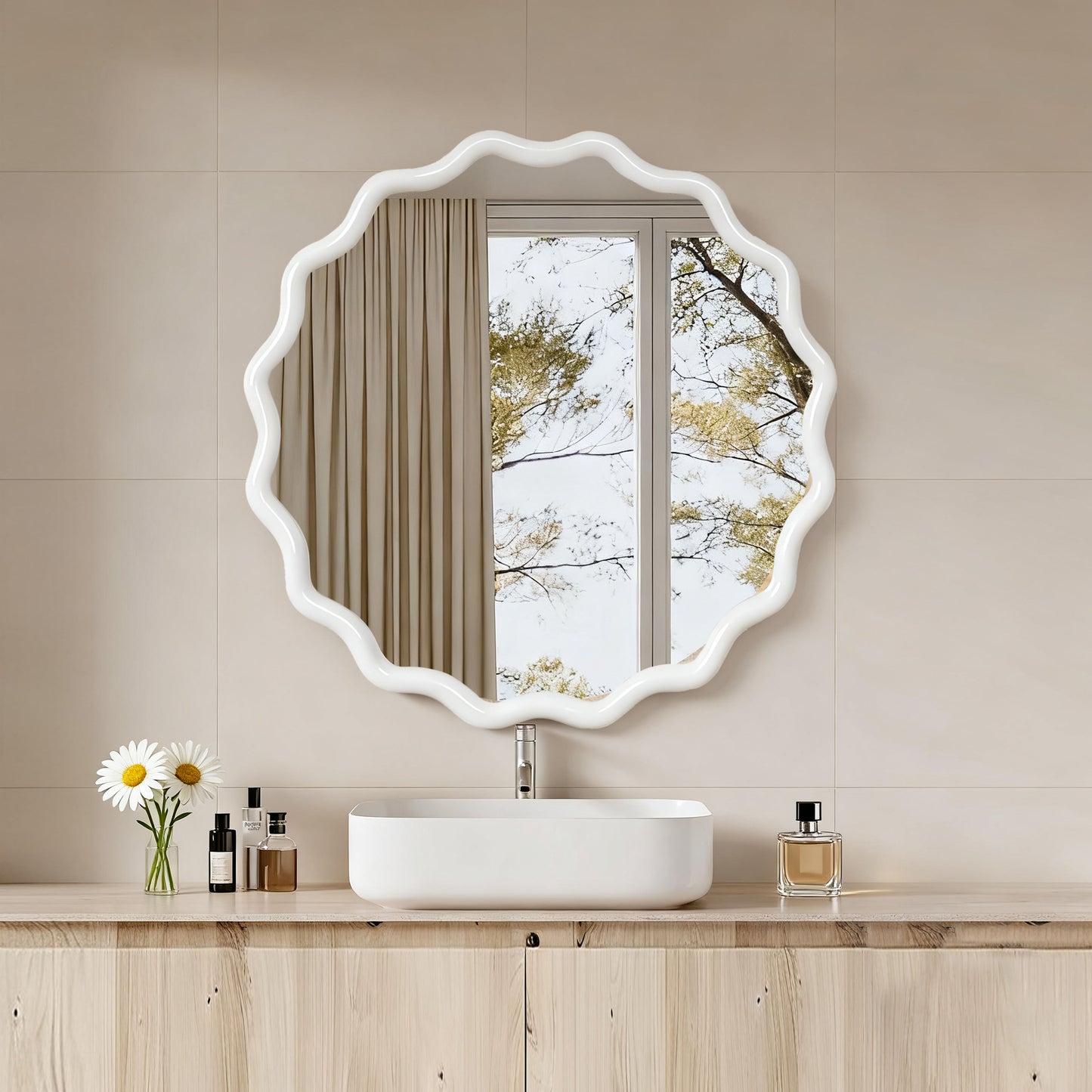 30-Inch White Wavy Round Solid Wood Frame Decorative Mirror