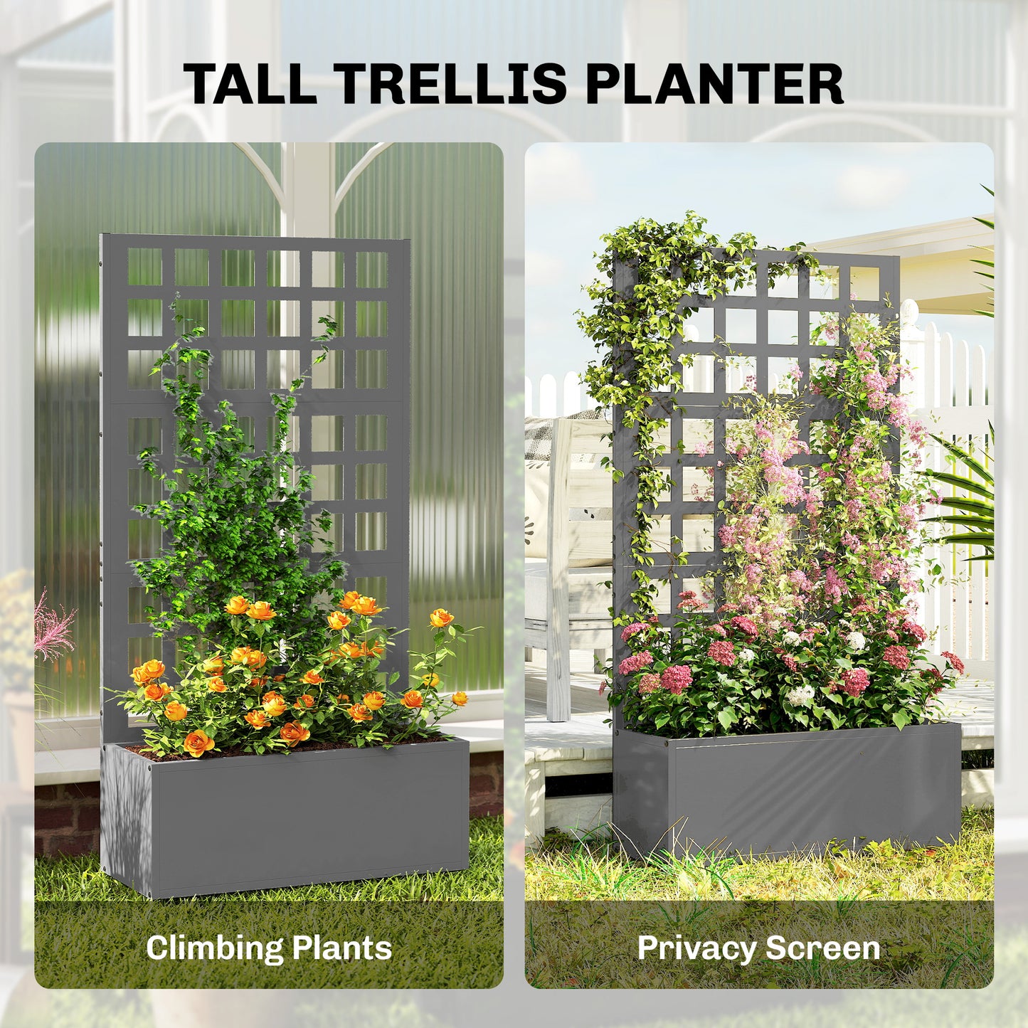 Galvanized Raised Garden Bed with Trellis - Vegetable and Climbing Plant Planter, 24x9x44.5 inches, Gray