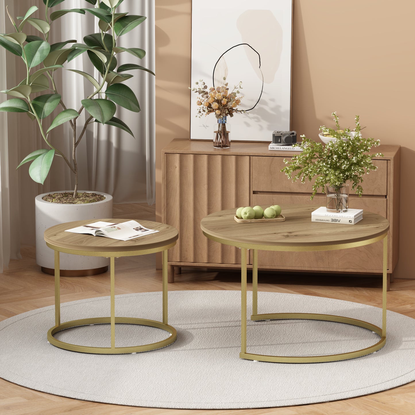 Nesting Coffee Table Set of 2 - Round Wood & Metal - Brown+Gold