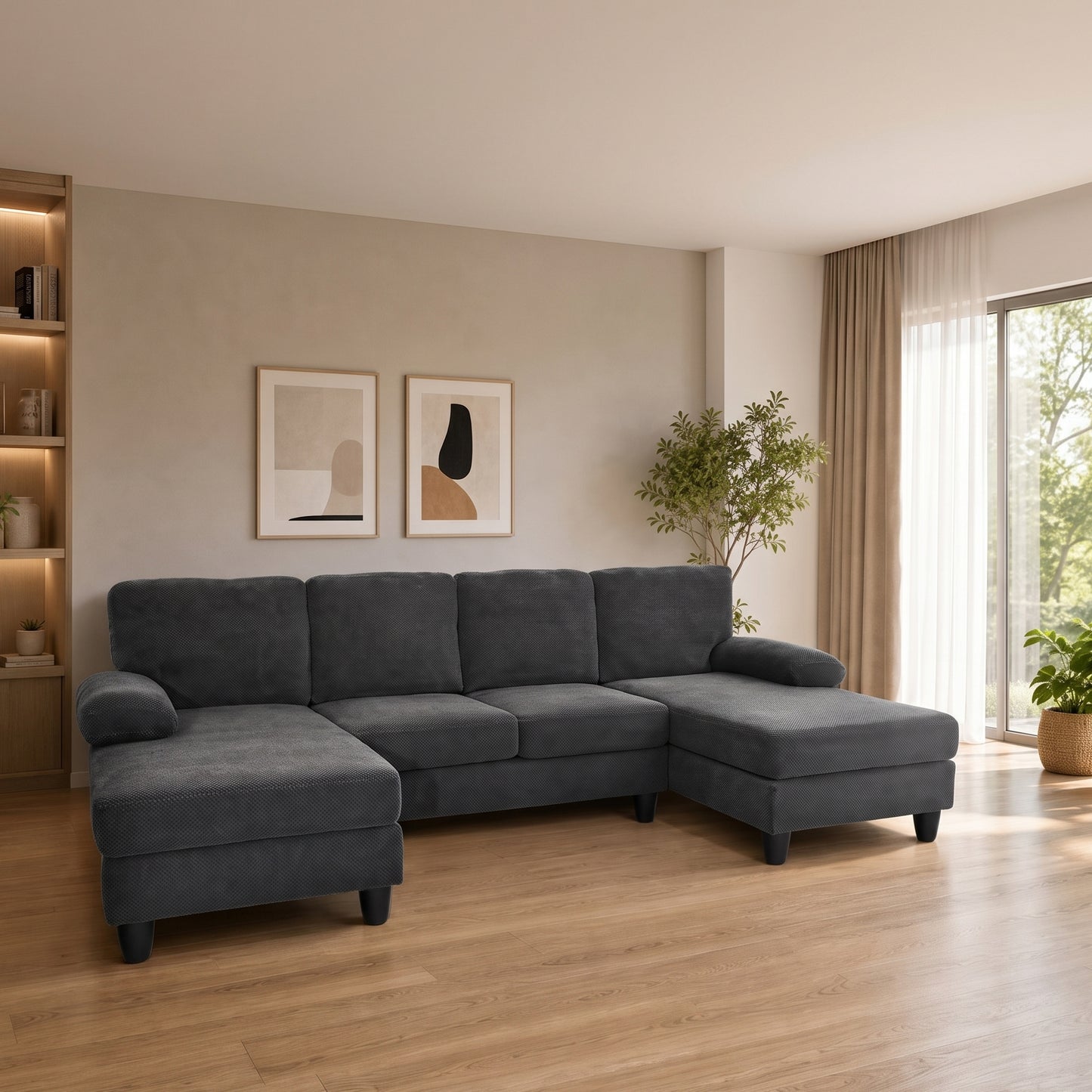 U-Shaped Sofa with Nubby Upholstery - Dark Grey
