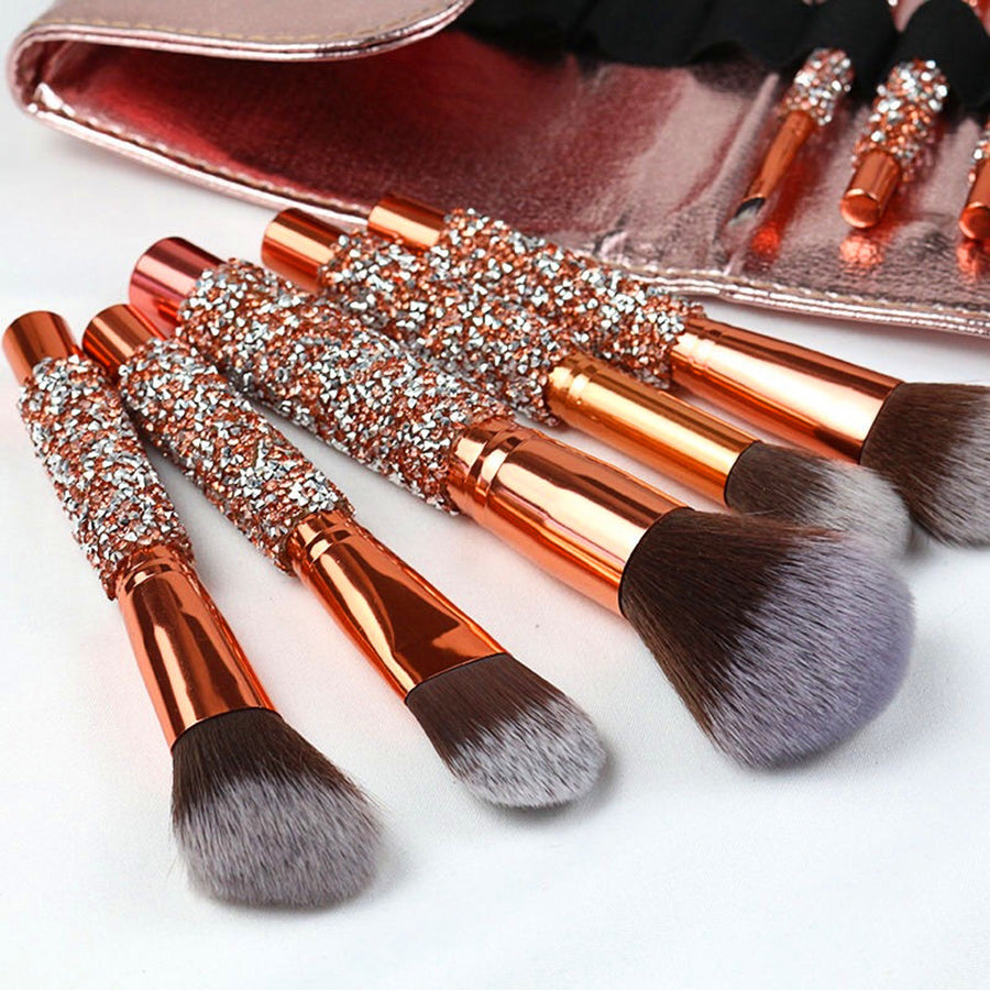 10-Piece Luxury Crystal Makeup Brush Set - Diamond Handle with Pouch