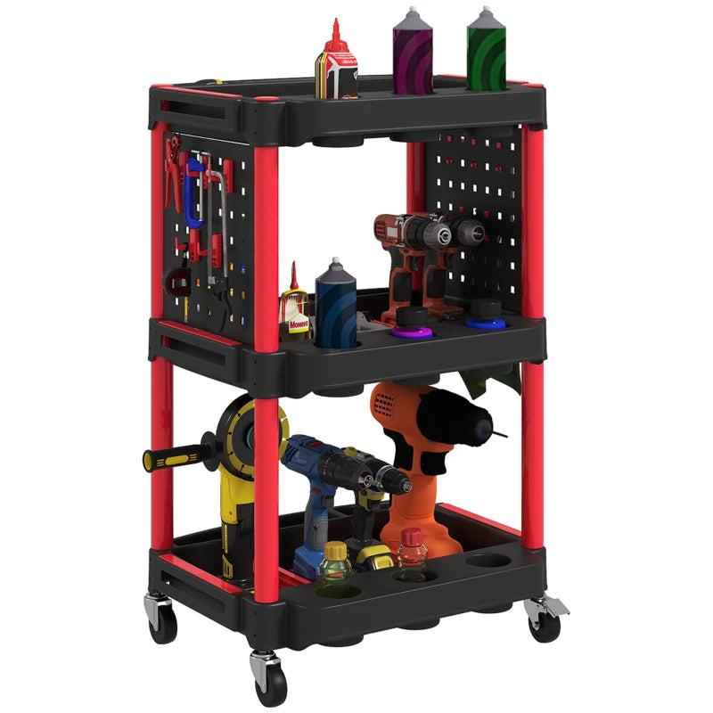 3-Tier Rolling Tool Cart with Side Shelves - Heavy Duty Plastic Utility Cart, 200 LBS Capacity, Black and Red