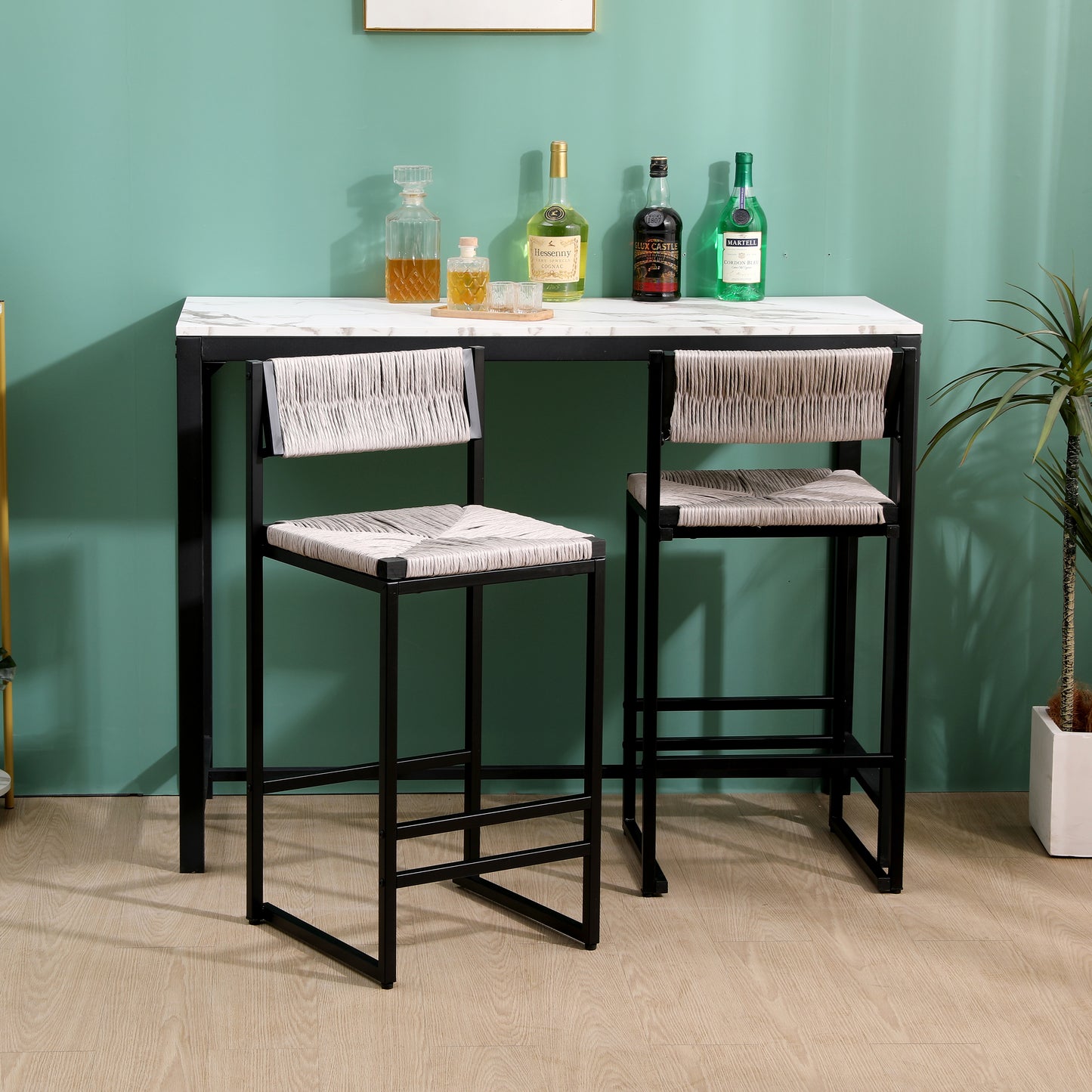Set of 2 Gray Hand Woven Bar Stools with Back - Counter Height