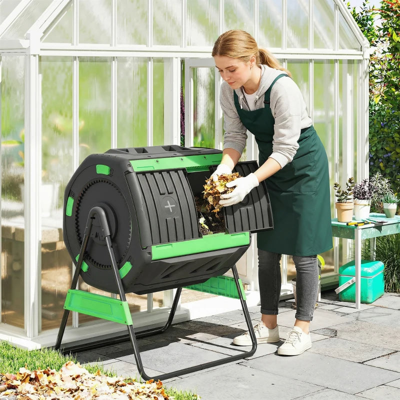 Outdoor Compost Bin 53 Gal Dual Chamber Tumbling Composter with Adjustable Vents - Green