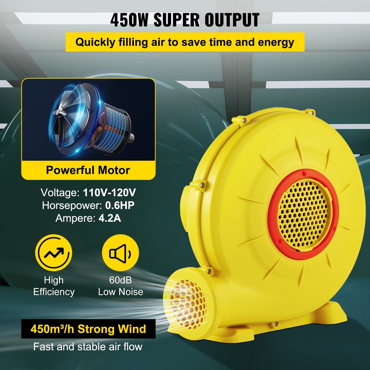 Portable 450W Inflatable Blower Fan for Bounce House & Jump Slides - Yellow