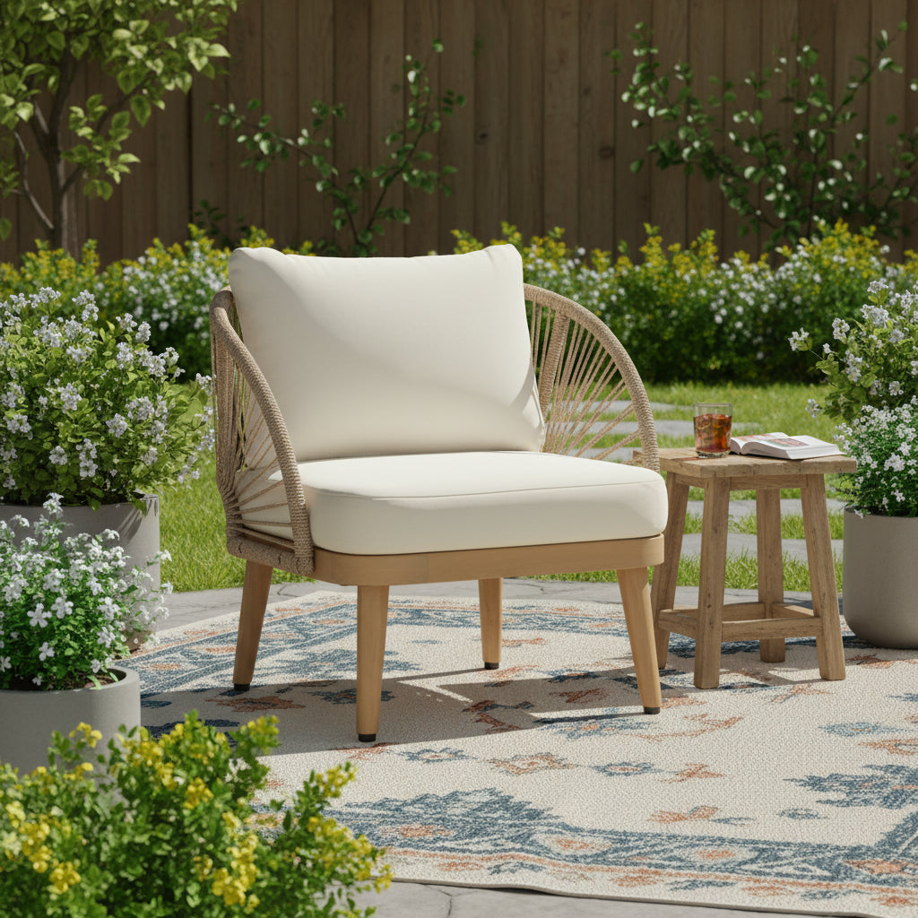 Acacia Wood Outdoor Club Chair, Curved Tub Design Patio Chair With