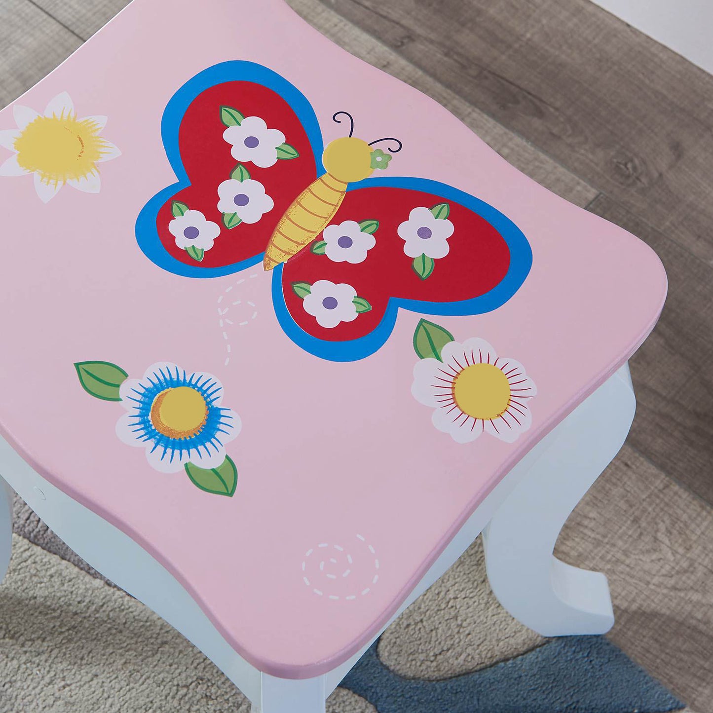 Kids Vanity Set Floral Printed Wooden Makeup Dressing Princess Table