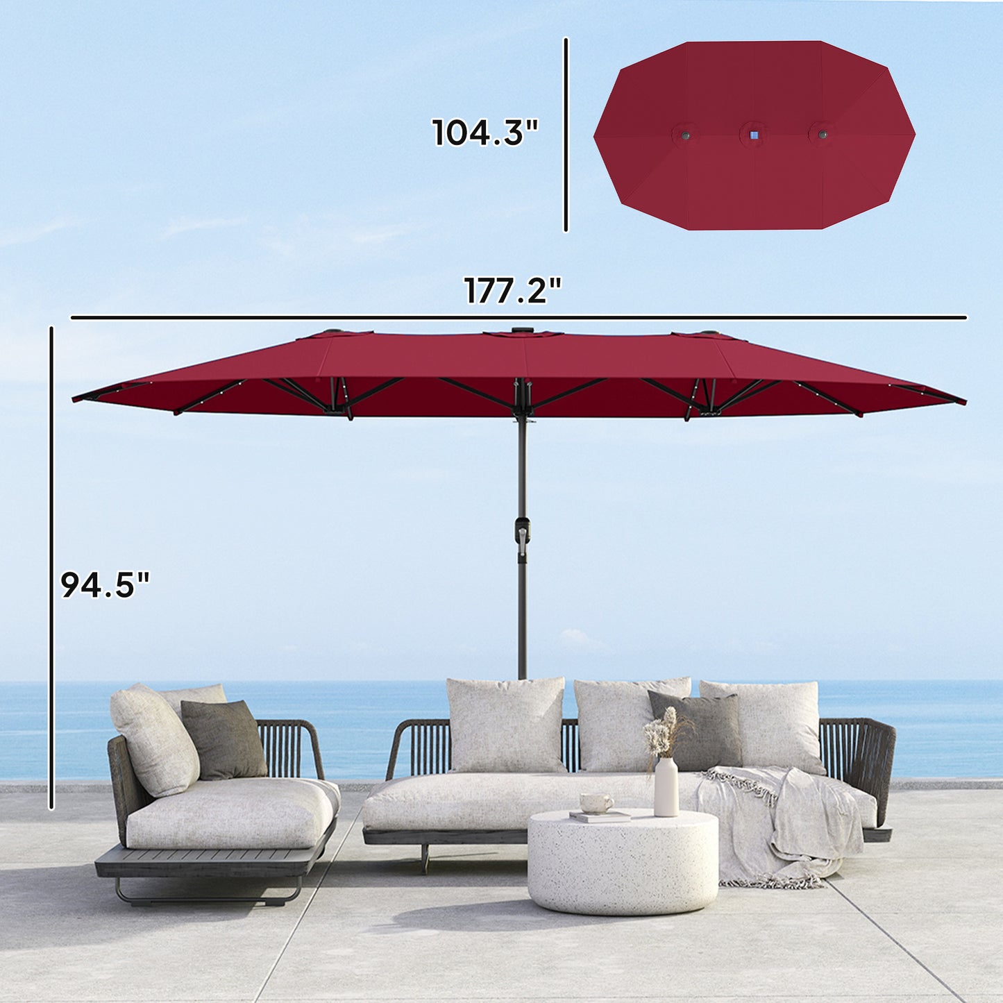 Double-Sided Garden Parasol with LED Solar Lights - Wine Red