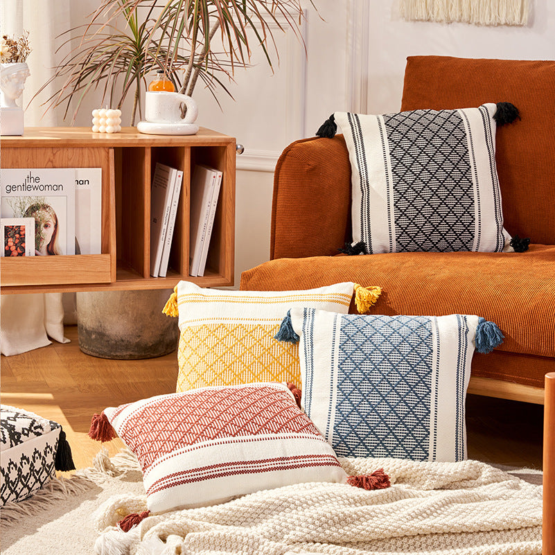 Geometric Woven Jacquard Tassel Cushion Cover - 45x45cm Home Decor