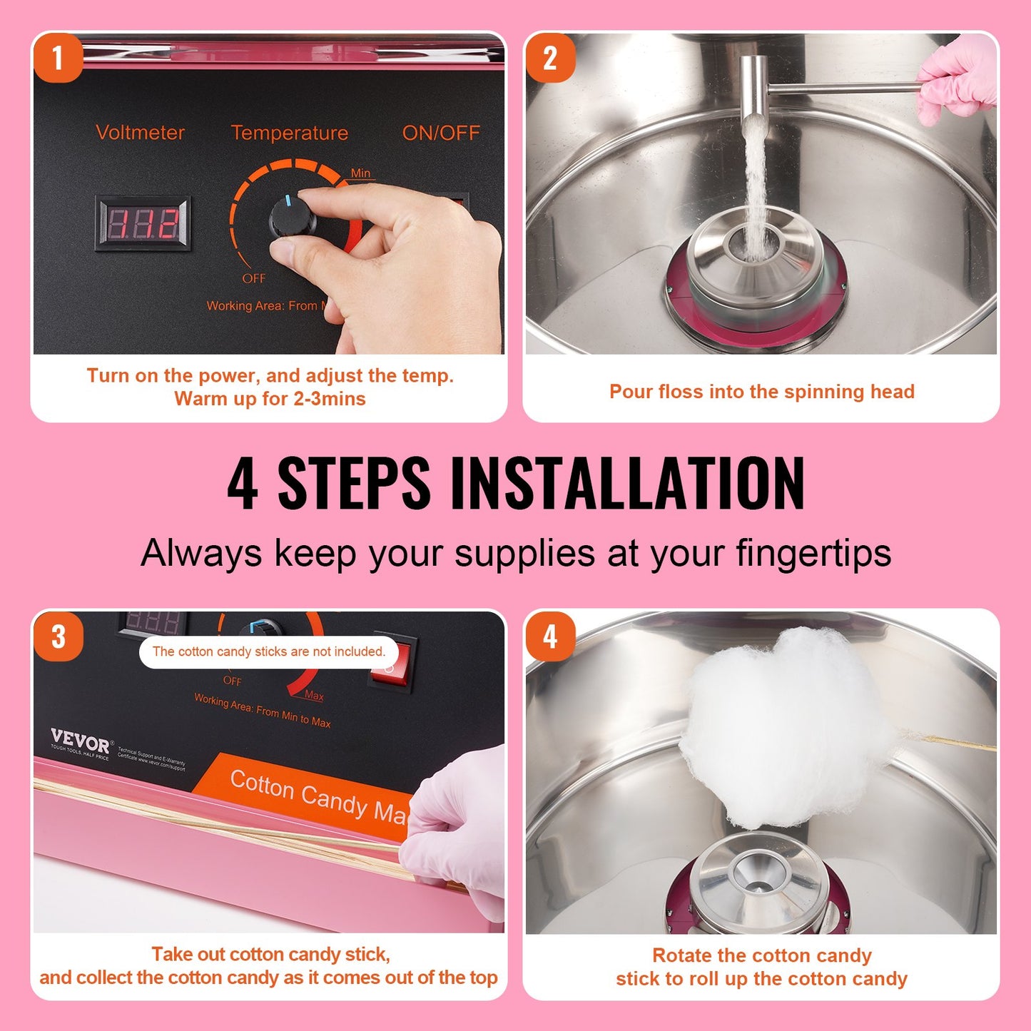 Pink Commercial Cotton Candy Machine 1000W Electric Candy Floss Maker for Home & Events
