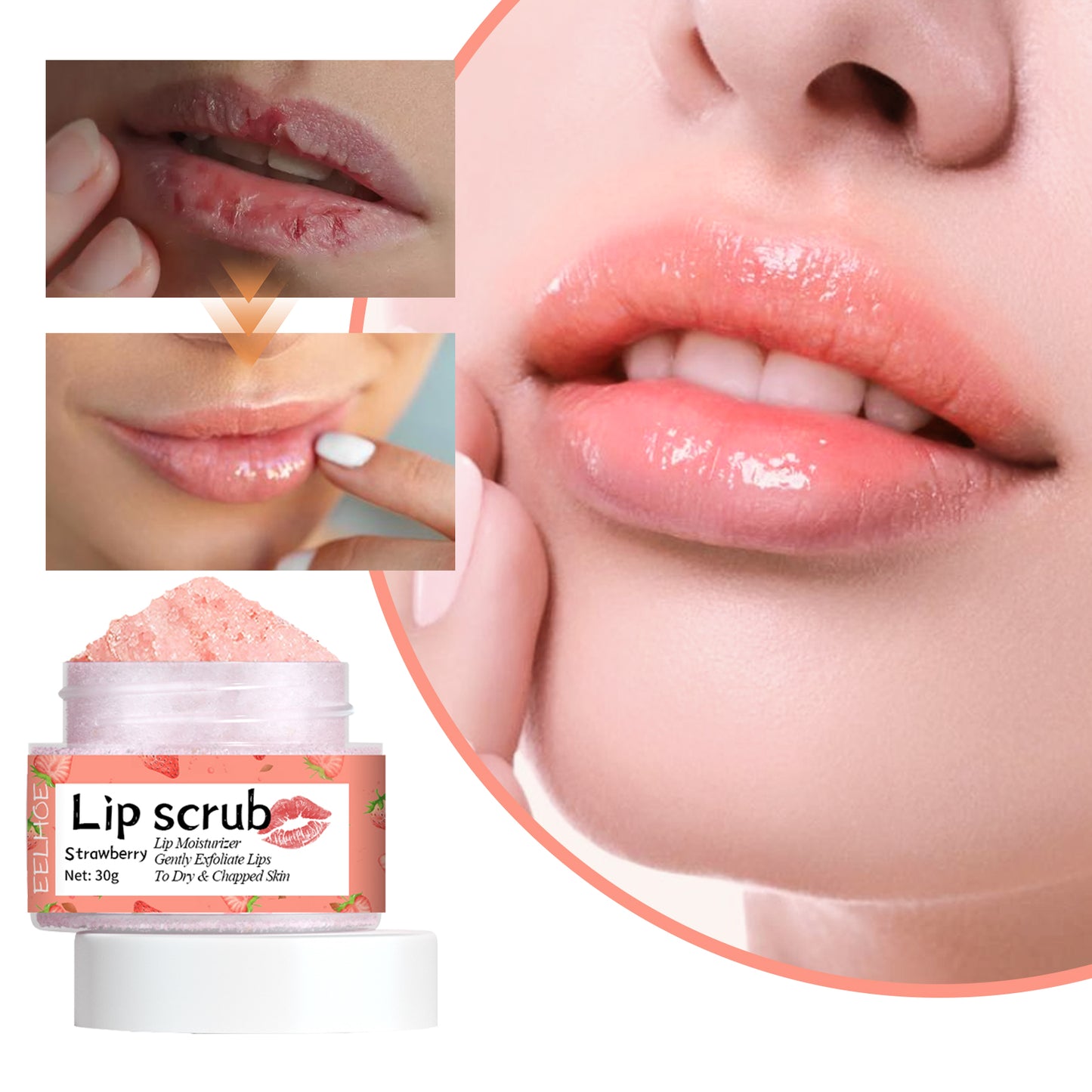 Strawberry Lip Scrub with Jojoba & Coconut Oil for Exfoliating Dry Lips