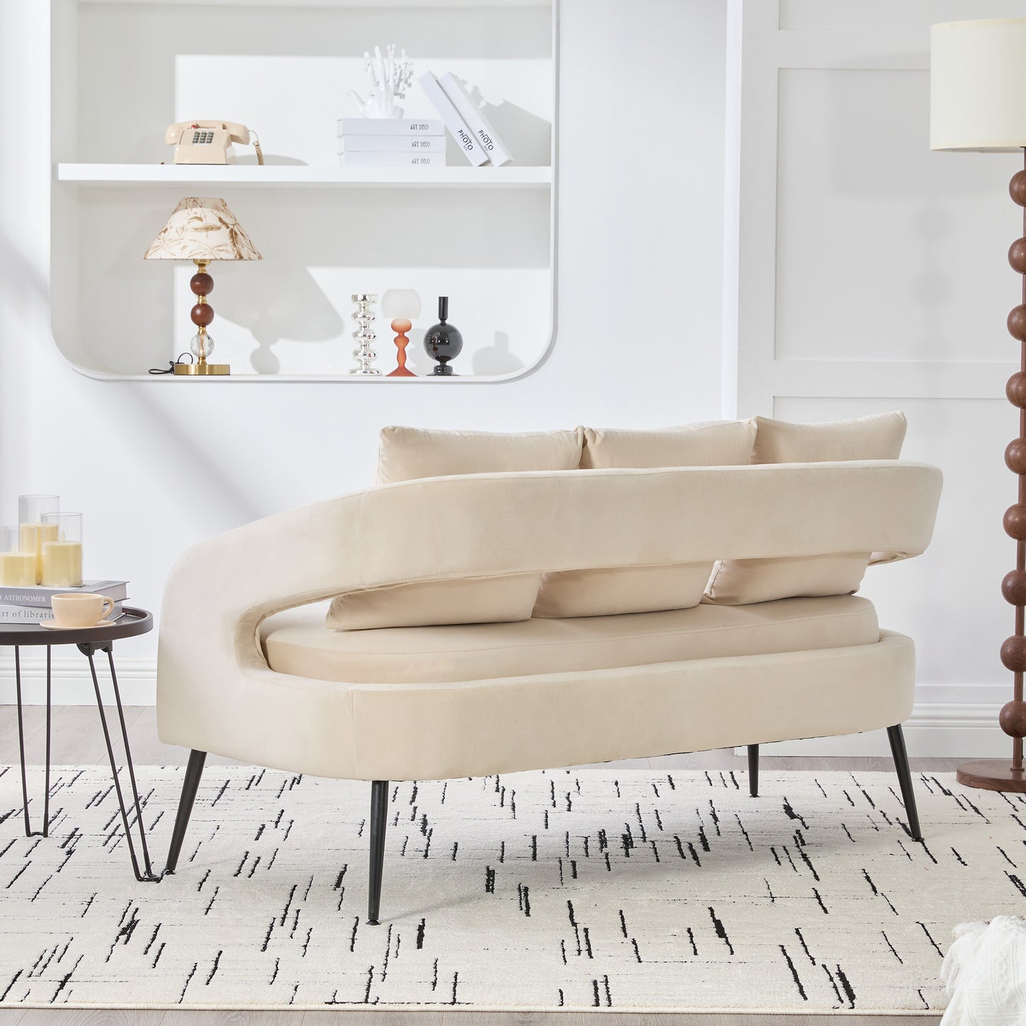 Modern Velvet Loveseat Sofa with 3 Pillows - Beige