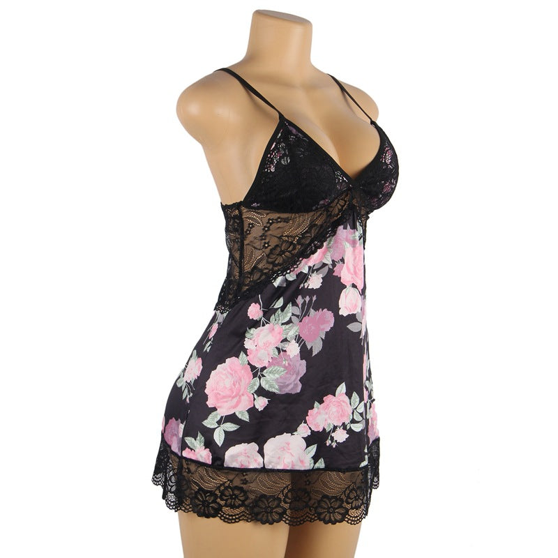 Plus Size Embroidery Lace Sleep Dress with Shorts - Pink & Black