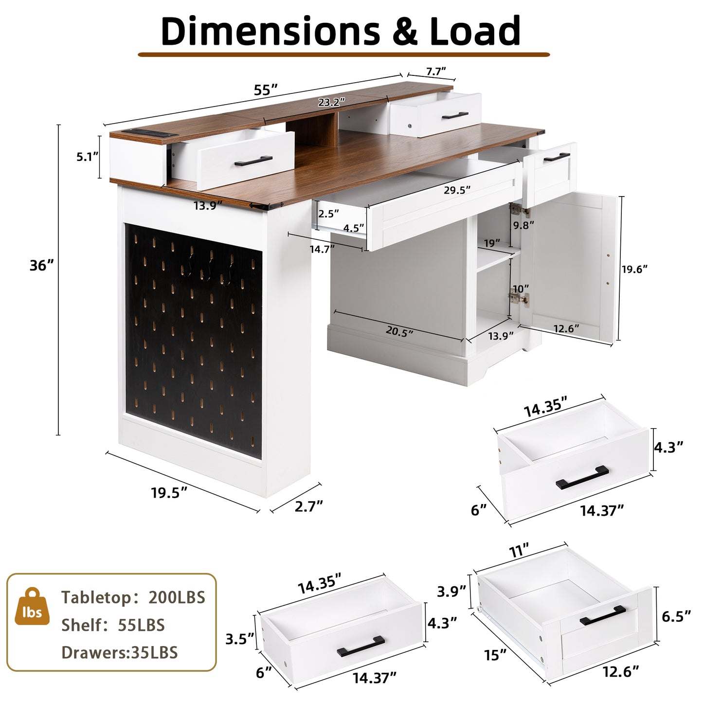 55" Farmhouse Office Desk with Storage & Charging Station - White