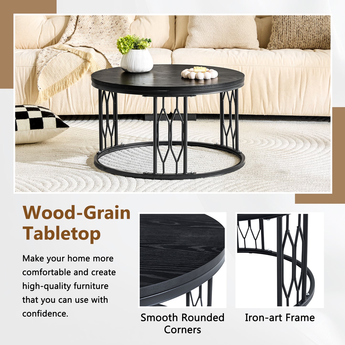 Black Round Coffee Table - 27.5-Inch MDF with Metal Legs