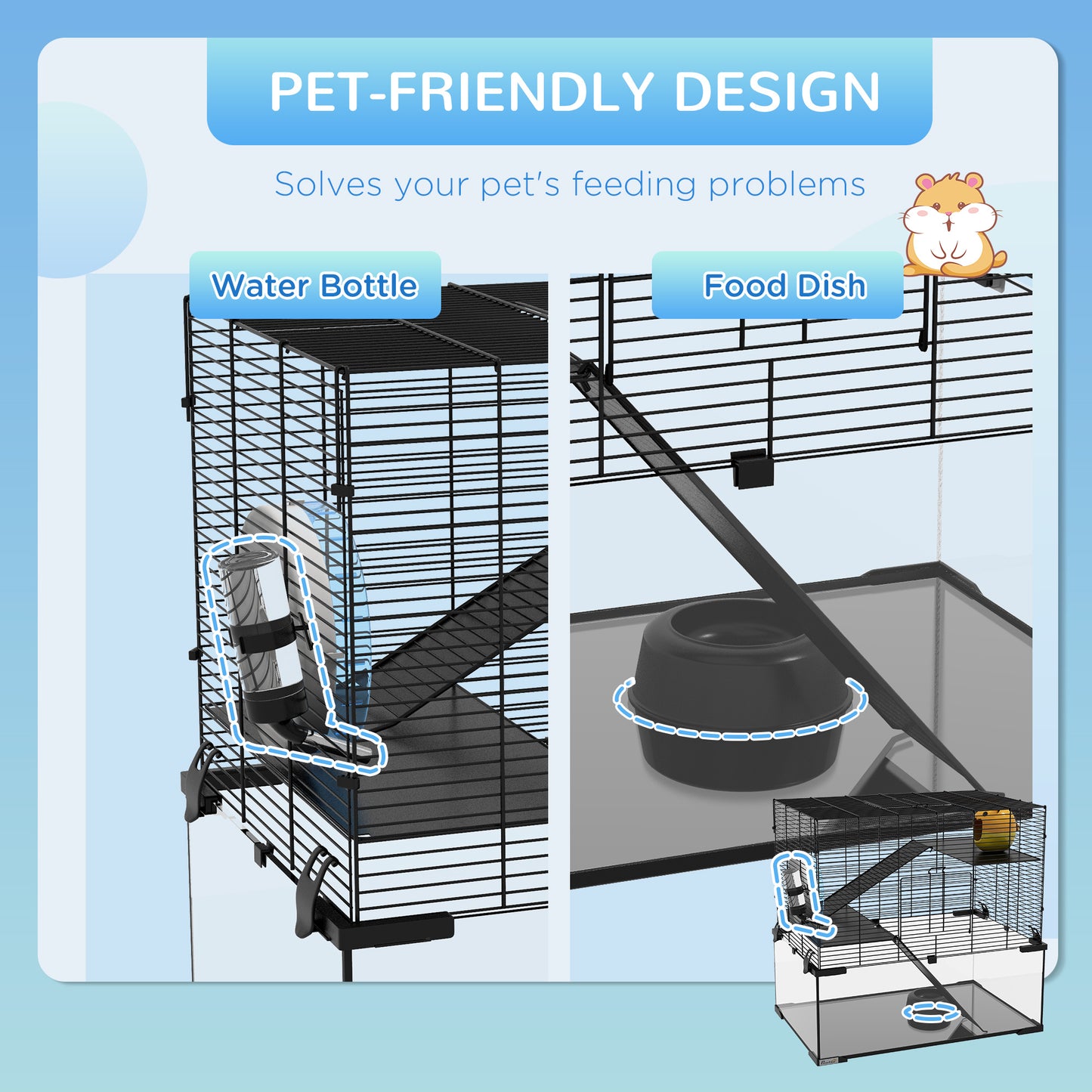 23.5-Inch Hamster Cage with Glass Basin for Small Rodents - Black