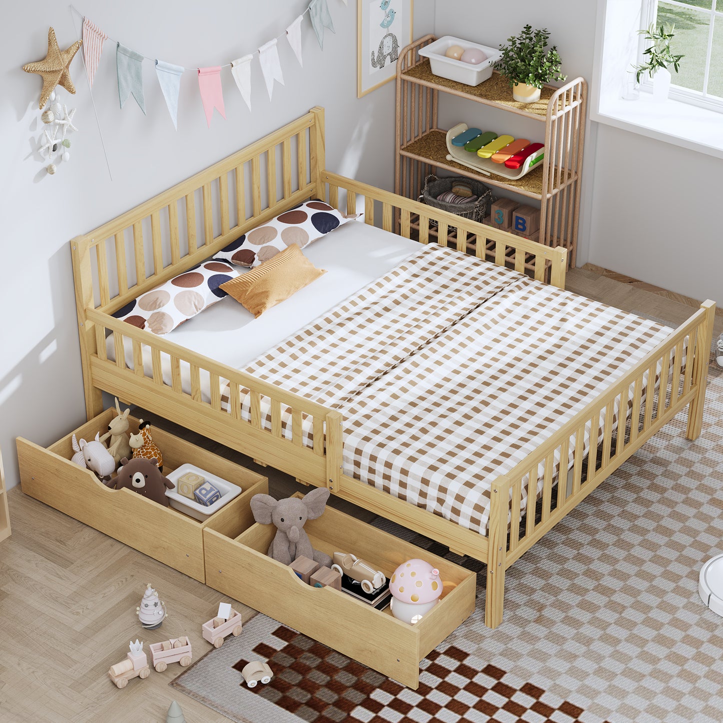 Full Size Wood Platform Bed With Guardrails On Both Sides And Two