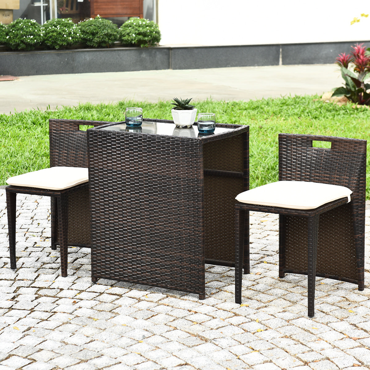 Cushioned Wicker Patio Bistro Set - No Assembly Needed