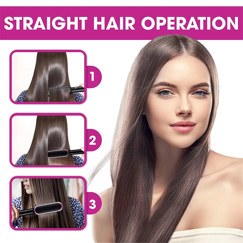 2-in-1 Hair Straightener Curling Iron Hot Comb with Negative Ions - Multi-Functional Electric Hair Styling Brush