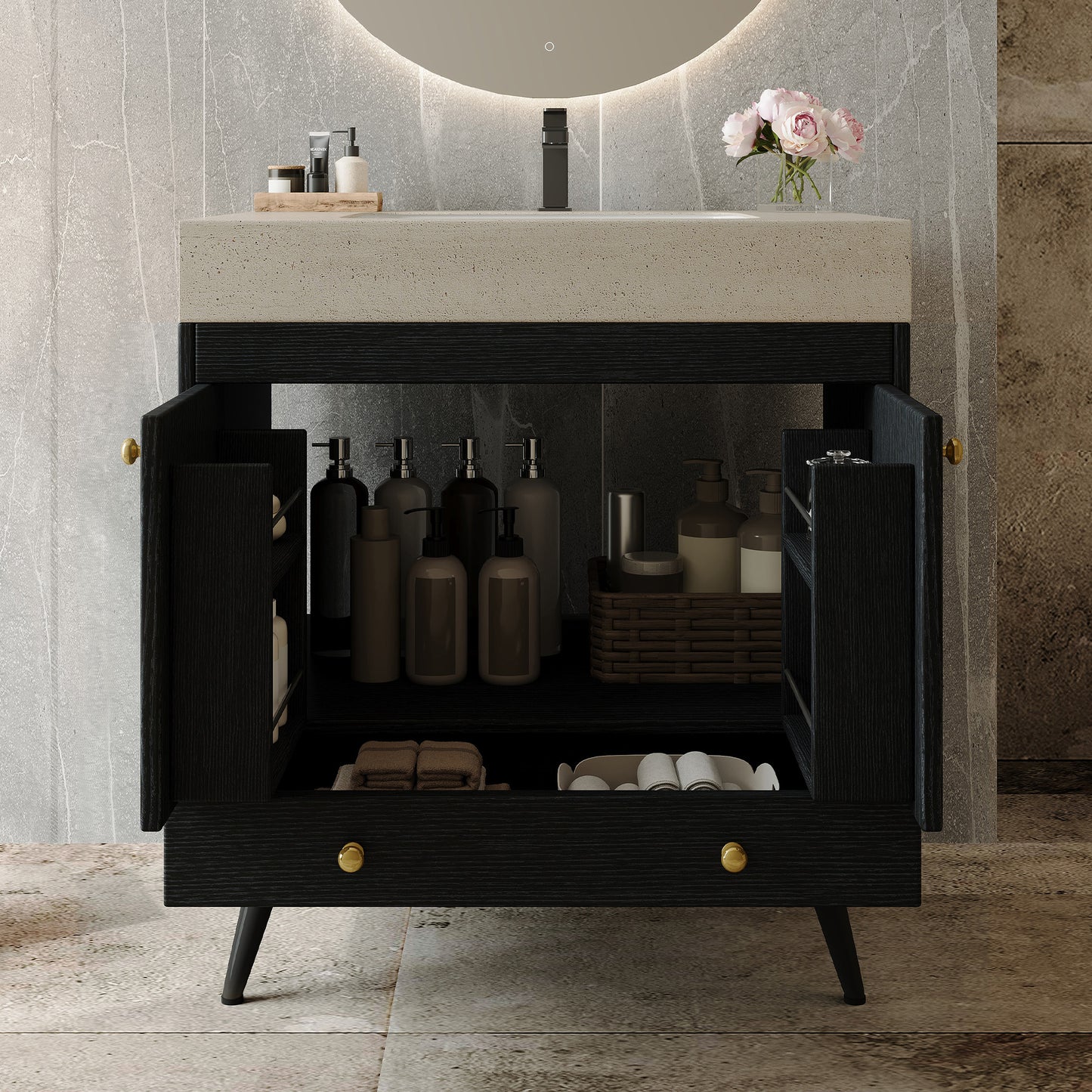 Contemporary Free-standing Bathroom Vanity with Faux Marble Top, 30" Ceramic Sink & Double Door Storage Cabinet