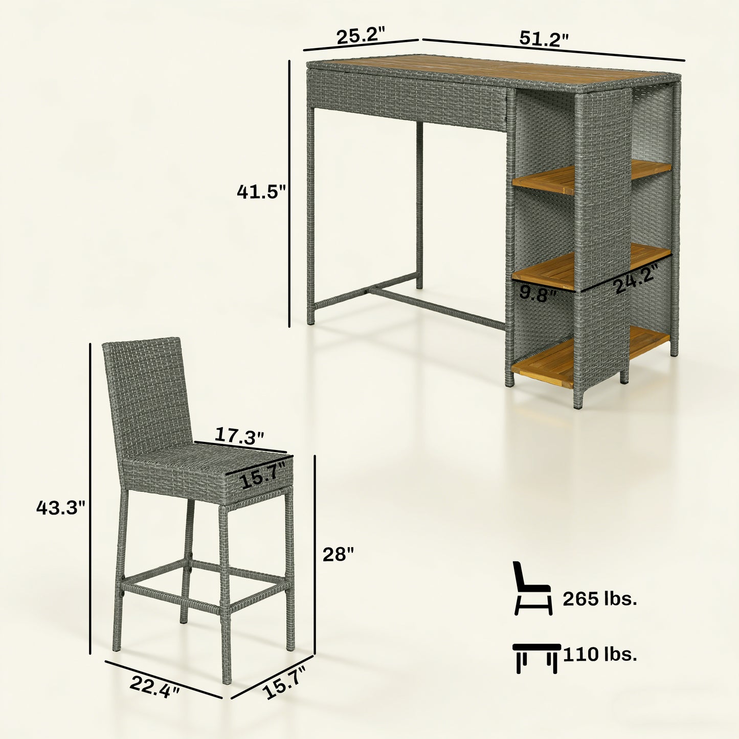 5-Piece Wicker Outdoor Bar Set with Cushions & 3 Shelves - Gray