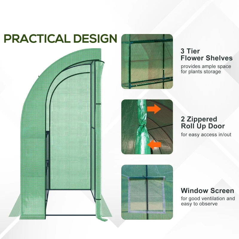 Lean To Greenhouse with Shelves - Walk-In Plant Nursery, Green PE Cover