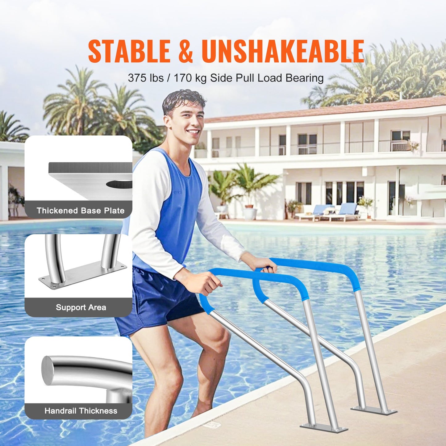 304 Stainless Steel Pool Handrail - 39x32 Inch Safety Railing for Indoor Outdoor Pools and Decks