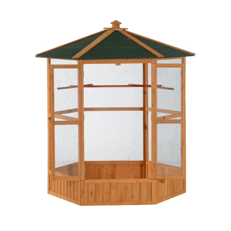Wooden Hexagonal Outdoor Bird Cage with Covered Roof - Natural Brown