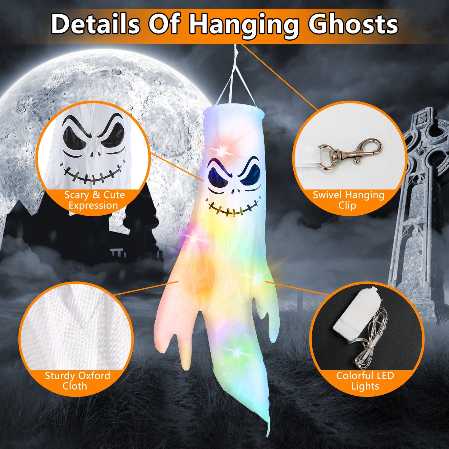 Halloween Ghost Windsocks Decoration Set with Colorful LED Lights - 4 Pcs