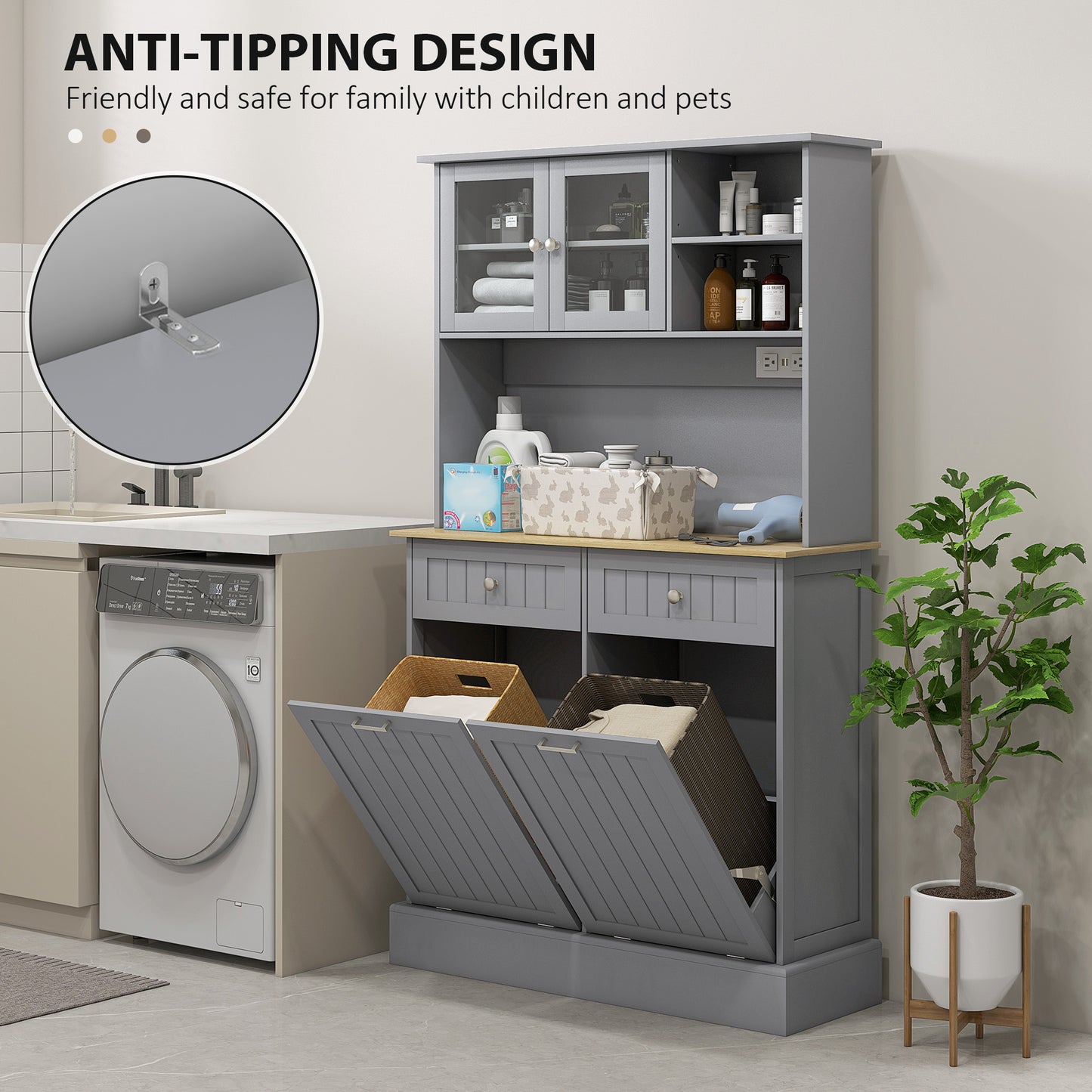 Kitchen Pantry Cabinet with Charging Station & Tilt-Out Cabinets - Gray