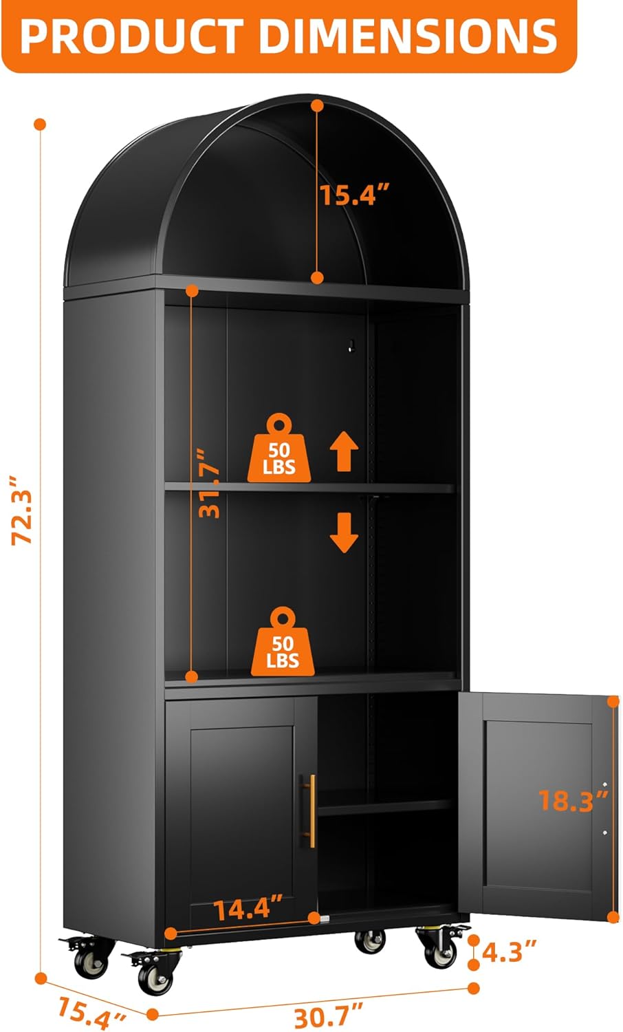 Metal Arched Bookcase with Wheels - Modern Black Storage Cabinet