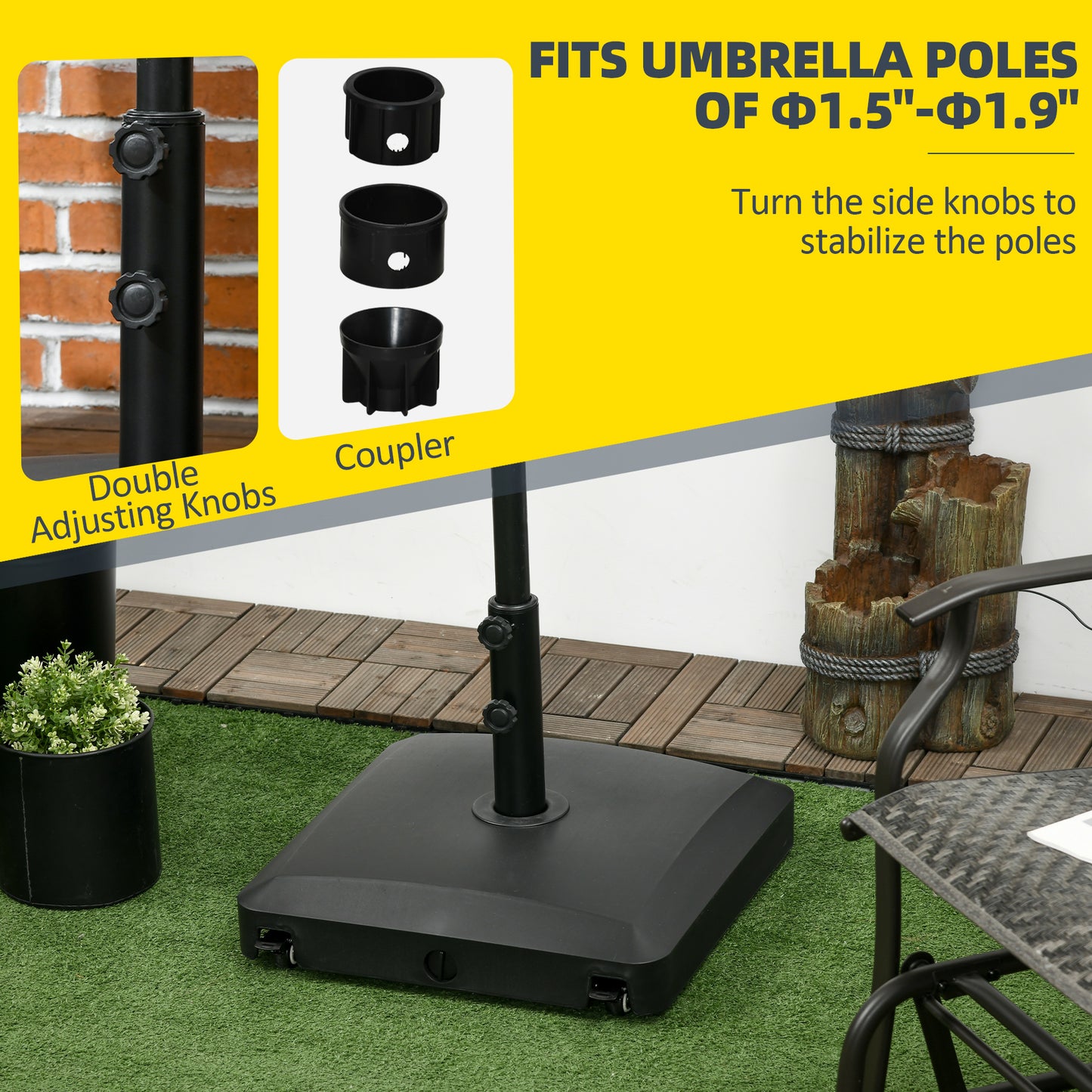 Heavy Duty Patio Umbrella Base with Wheels - 66 lbs Sand Filled, Black