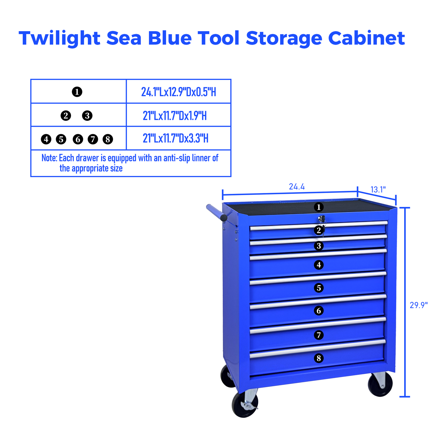 Rolling Tool Chest with 7 Drawers and Wheels - Blue