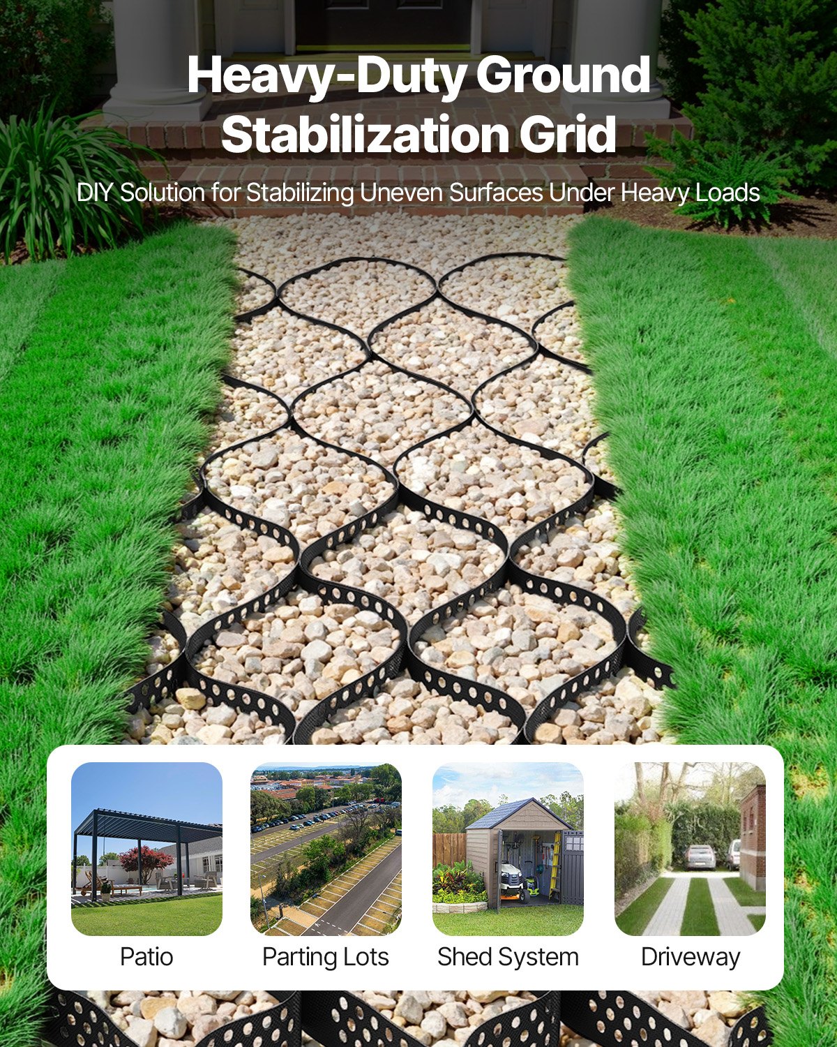 Ground Grid 2-Inch Depth Gravel Stabilization Grid 16.4x6.5 ft Black