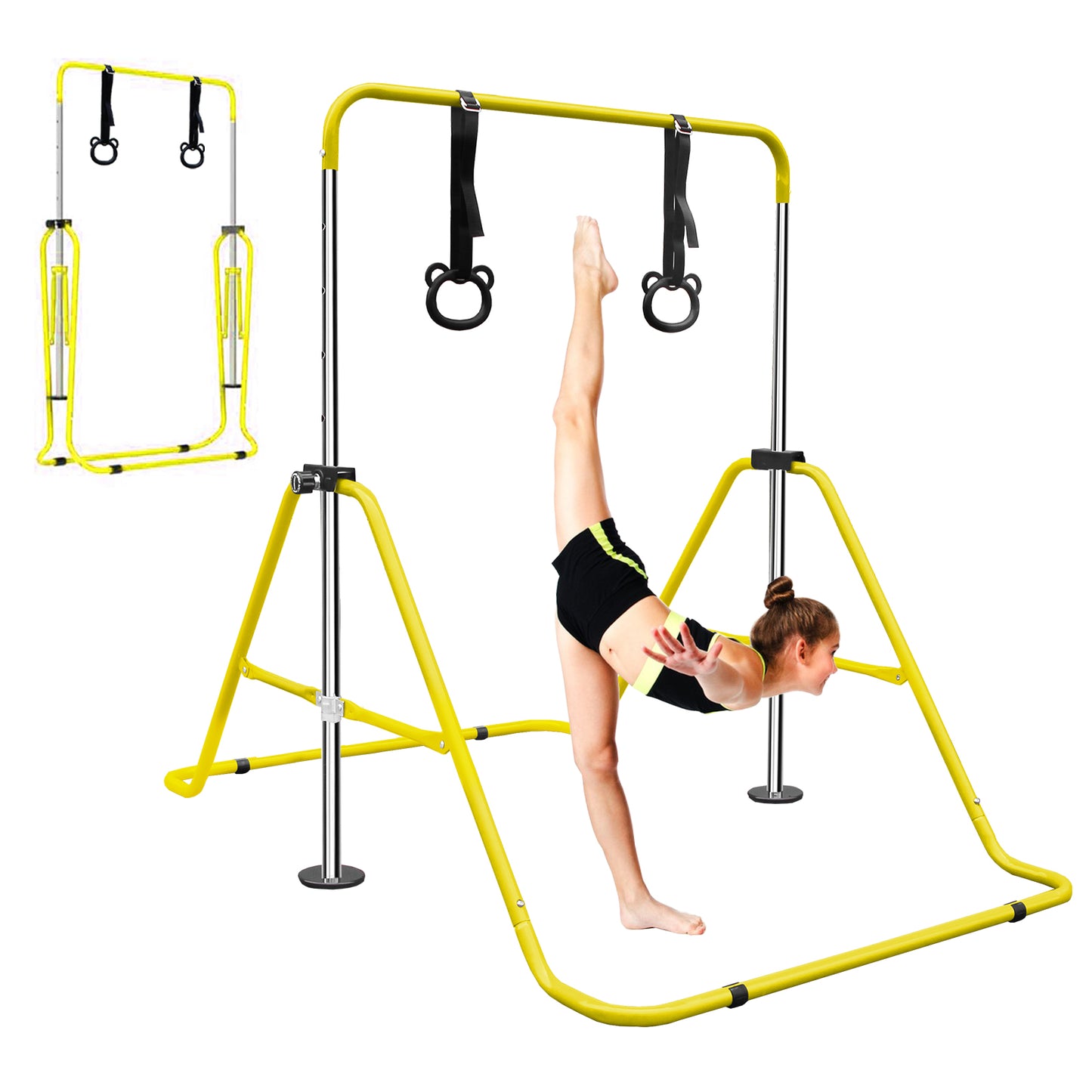 Adjustable Height Children's Gymnastic Bar with Bear Rings - Yellow