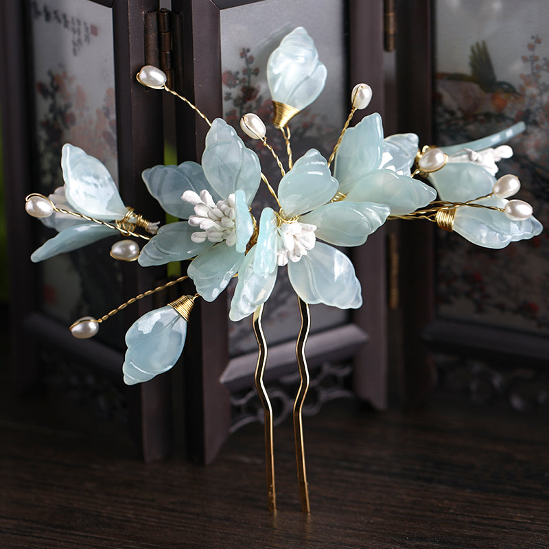 Hanfu Hair Comb - Fairy Flower Hairpin with Gemstone Inlay
