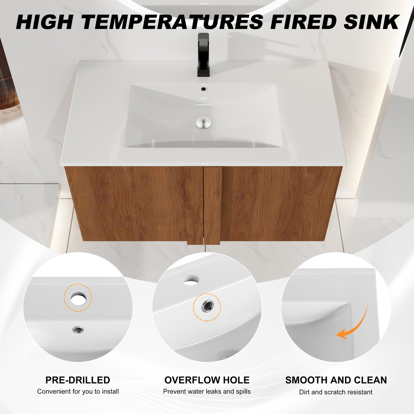 36" Wall-Mounted Bathroom Vanity with Sink - Brown Ebony