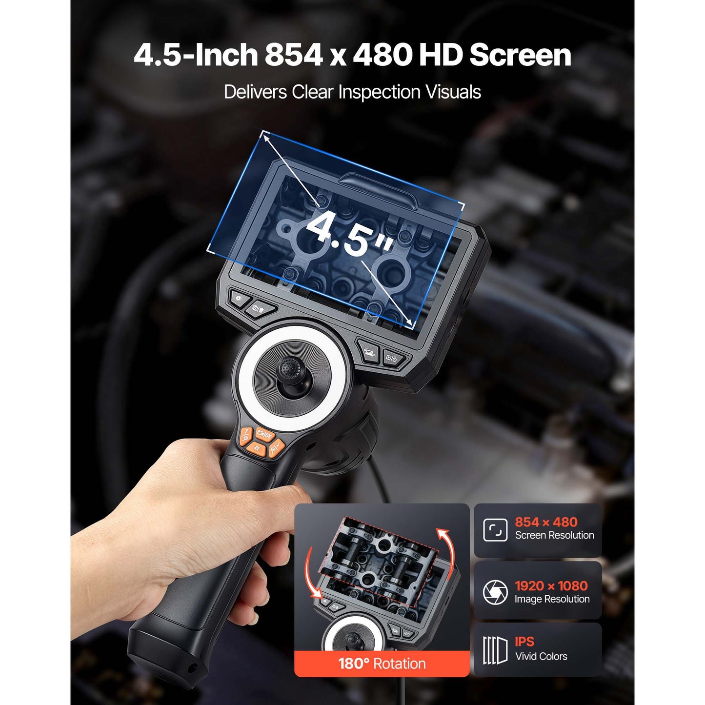Articulating Inspection Camera with 4.5-Inch HD Screen & 8X Zoom - 4.9FT Cable