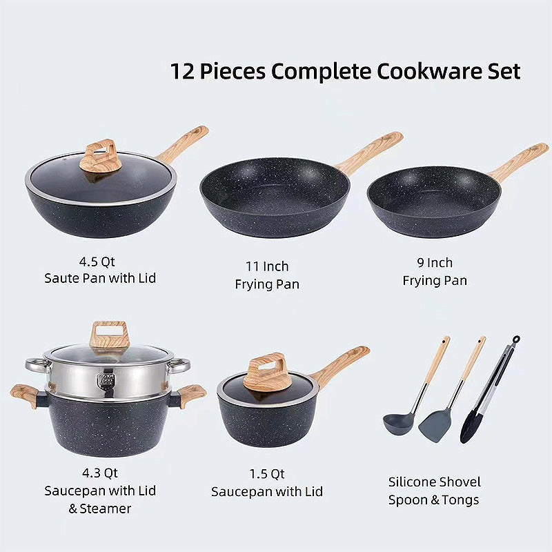 Granite Nonstick Cookware Set 12 Pieces - Black & White Home Kitchen