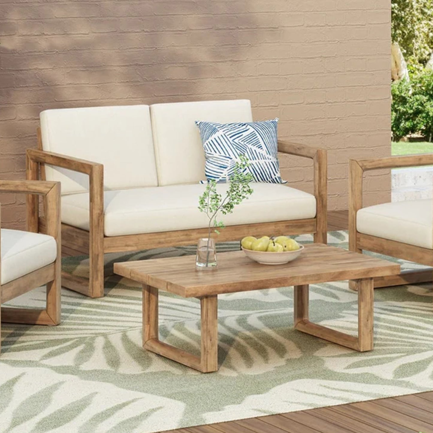 Outdoor Acacia Wood Loveseat And Coffee Table Set With Cushions,