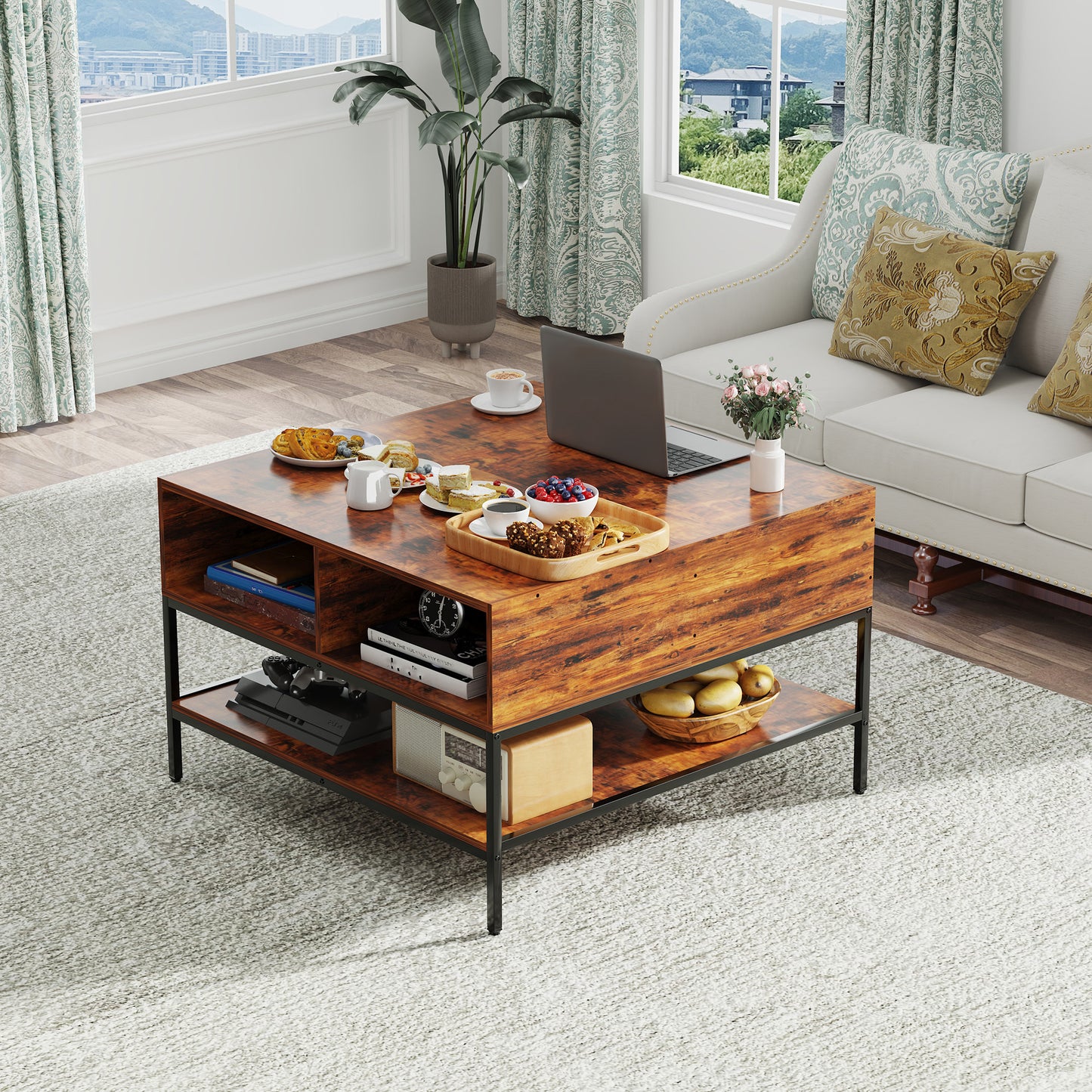 Farmhouse Flip Top Coffee Table With Storage -31.5 Rustic Wood Grain